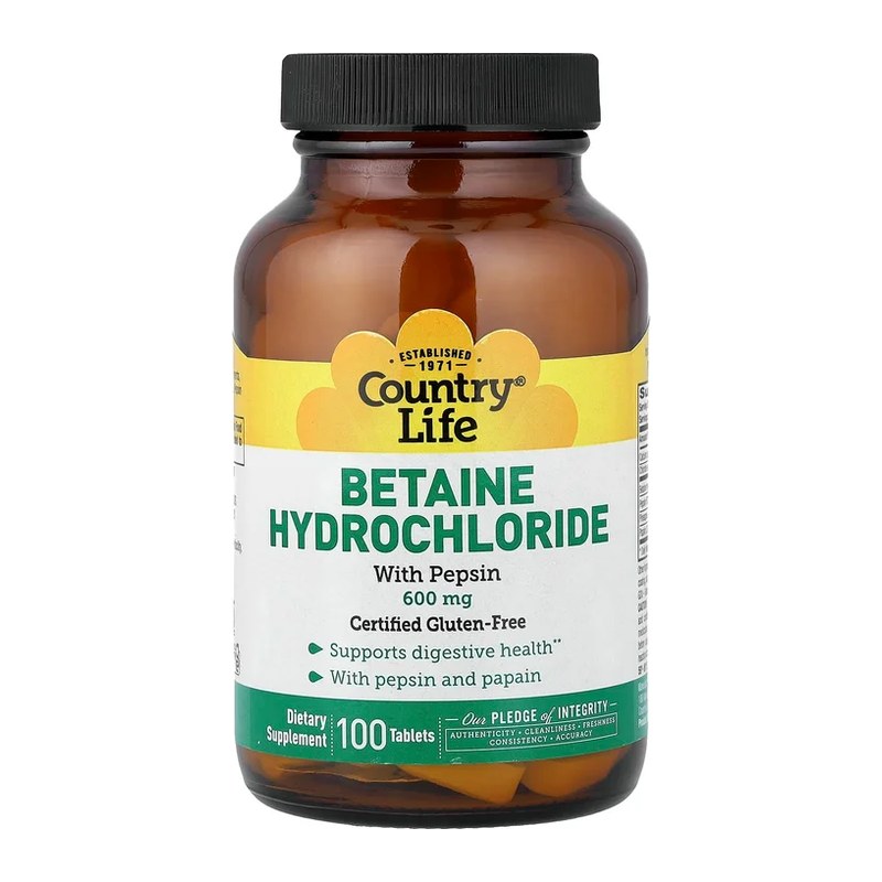 COUNTRY LIFE BETAINE HYDROCHLORIDE WITH PEPSIN 100S(P1)